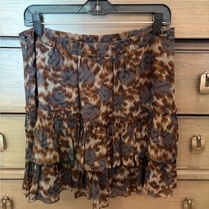 Silk Jigsaw UK abstract animal floral print ruffle skirt- Brown/Gray